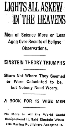 "Einstein theory triumphs," declared the New York Times on November 10, 1919.