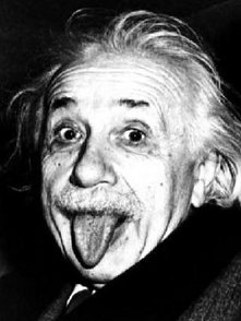 The photo (detail from the original) of this humorous expression was taken during Einstein's birthday on March 14, 1951, UPI